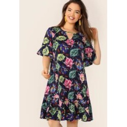 Plus Botanical Print V Notch Front Dress