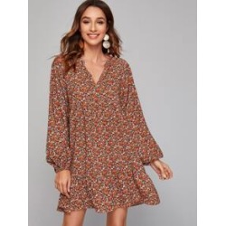 Ditsy Floral Print Notch Collar Lantern Sleeve Smock Dress