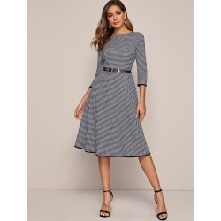 Binding Detail Houndstooth Fit & Flare Dress Without Belt