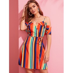 Cold Shoulder Wrap Belted Striped Dress