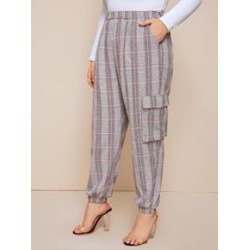 Plus Flap Pocket Patched Plaid Carrot Pants
