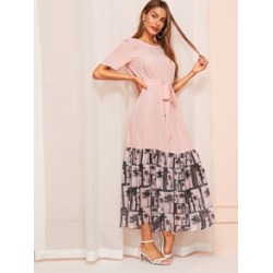 Tropical Print Hijab Dress With Belt