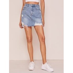 Raw Hem Ripped Mini Denim Skirt
