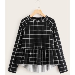 Grid Print Raglan Sleeve Dip Hem Peplum Pullover
