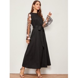 Embroidered Mesh Appliques Sleeve Belted Hijab Dress