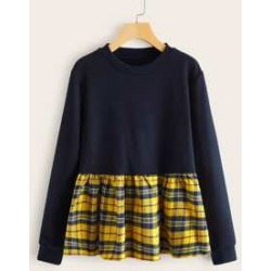 Contrast Tartan Hem Crew Neck Sweatshirt