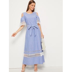 Cold Shoulder Lace Insert Belted Hijab Dress
