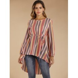 Multi-color Vertical-striped Belted High Low Blouse