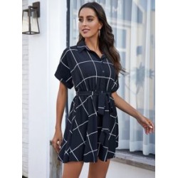 Plaid Button Front Belted A Line Dress