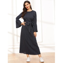 Bell Sleeve Self Belted Striped Hijab Dress
