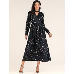 Keyhole Neck Floral Print A Line Dress