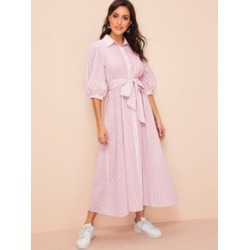 Lantern Sleeve Self Belted Shirt Hijab Dress