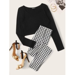 Solid Top & Zip Up Plaid Pants Set