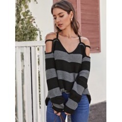 Strappy Cold Shoulder Striped Sweater