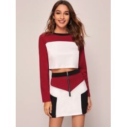 Cut And Sew Crop Top & Zip Front Skirt Set