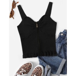 Zip Up Ruffle Hem Rib-knit Bralette Top