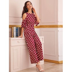 Cold Shoulder Wide Leg Polka Dot Jumpsuit