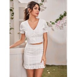 Eyelet Embroidered Button Top & Zip Back Skirt Set
