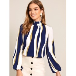 Frill Neck Lantern Sleeve Colorblock Top