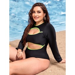 Plus Contrast Binding Cut-out One Piece Swimsuit