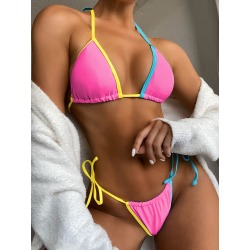 Contrast Binding Triangle Halter Tie Side Bikini Swimsuit