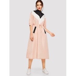 Zip Front Drawstring Waist Chevron Hijab Dress