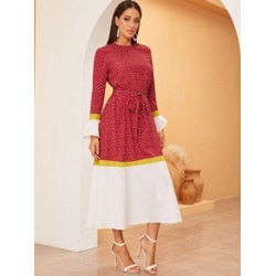 Heart Print Flounce Sleeve Belted Hijab Dress