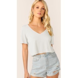 V-neck Solid Crop Boxy Tee
