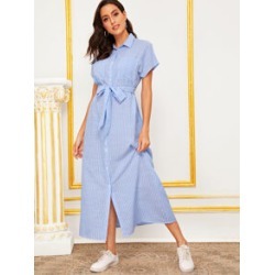 Pocket Front Self Belted Striped Shirt Hijab Dress
