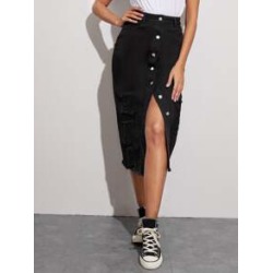 Ripped Raw Hem Button Up Denim Skirt