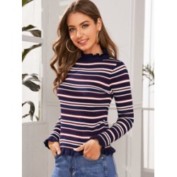 Striped Frill Trim Rib-knit Sweater