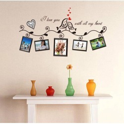 5 Photos Frames, 2 Birds, Love Hearts and Scroll Patterns Wall Decal