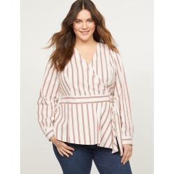 Lane Bryant Women's Striped Faux-Wrap Poplin Top 14 Cream And Orange Stripes