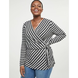 Lane Bryant Women's Ribbed Faux-Wrap Knit Top 14/16 Grey And Navy Stripe