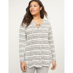 Lane Bryant Women's Softest Touch Lace-Up Swing Top 14/16 Cream And Black Stripe