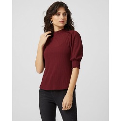 Le Chateau Womens - Rib Knit Mock Neck Puff Sleeve Top in Wine Size XS Polyester