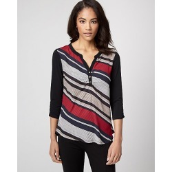 Le Chateau Womens - Stripe Knit Henley Neck Top in Navy/Red Size XS Polyester