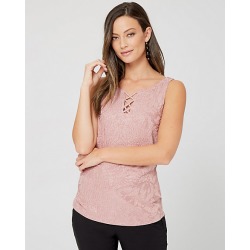 Le Chateau Womens - Sparkle Knit Lace-Up Neck Sleeveless Top in Rose Size XS Polyester/Viscose