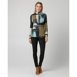 Le Chateau Womens - Abstract Print Cut & Sew Knit Mock Neck Top in Chartreuse/Black Size XS Polyester