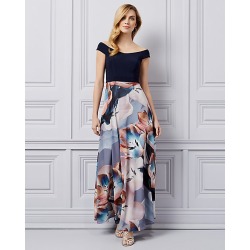 Le Chateau Womens - Floral Print Chiffon Off-the-Shoulder Gown Size Small Polyester