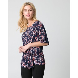 Le Chateau Womens - Ditsy Print Crepe de Chine Scoop Neck Top in Navy/Coral Size XS Polyester