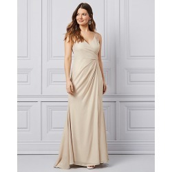 Le Chateau Womens - Embroidered Foil Chiffon Wrap-Like Gown in Champagne Size 6 Polyester