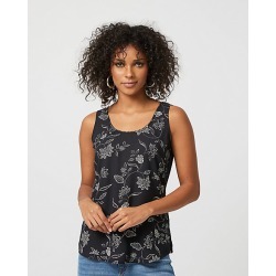 Le Chateau Womens - Floral Print Crepe de Chine Scoop Neck Top in Black/Bone Size XS Polyester/Viscose
