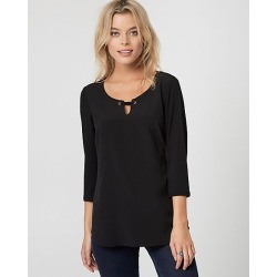 Le Chateau Womens - Crepe de Chine Split Neck Top in Black Size XS Polyester/Viscose