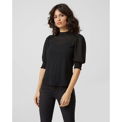 Le Chateau Womens - Rib Knit Mock Neck Puff Sleeve Top in Black Size XS Polyester