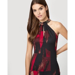 Le Chateau Womens - Abstract Print Scuba Knit Halter Neck Top in Black/Red Size XS Polyester