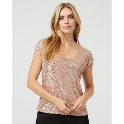 Le Chateau Womens - Sequin & Mesh Scoop Neck Top in Rose Gold Size XS Polyester