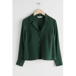 V-Cut Silk Button Up Blouse - Green