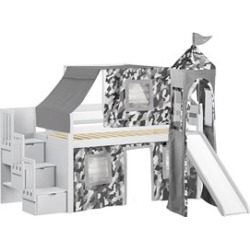 JACKPOT Solid Wood Prince & Princess Low Loft Bed in White/Gray Camo found on Bargain Bro Philippines from Cymax for $854.99