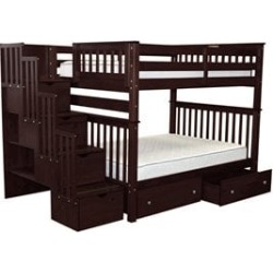 Bedz King Pine Wood Full over Full Stairway Bunk Bed with 2 Drawers in Cherry found on Bargain Bro Philippines from Cymax for $1629.99
